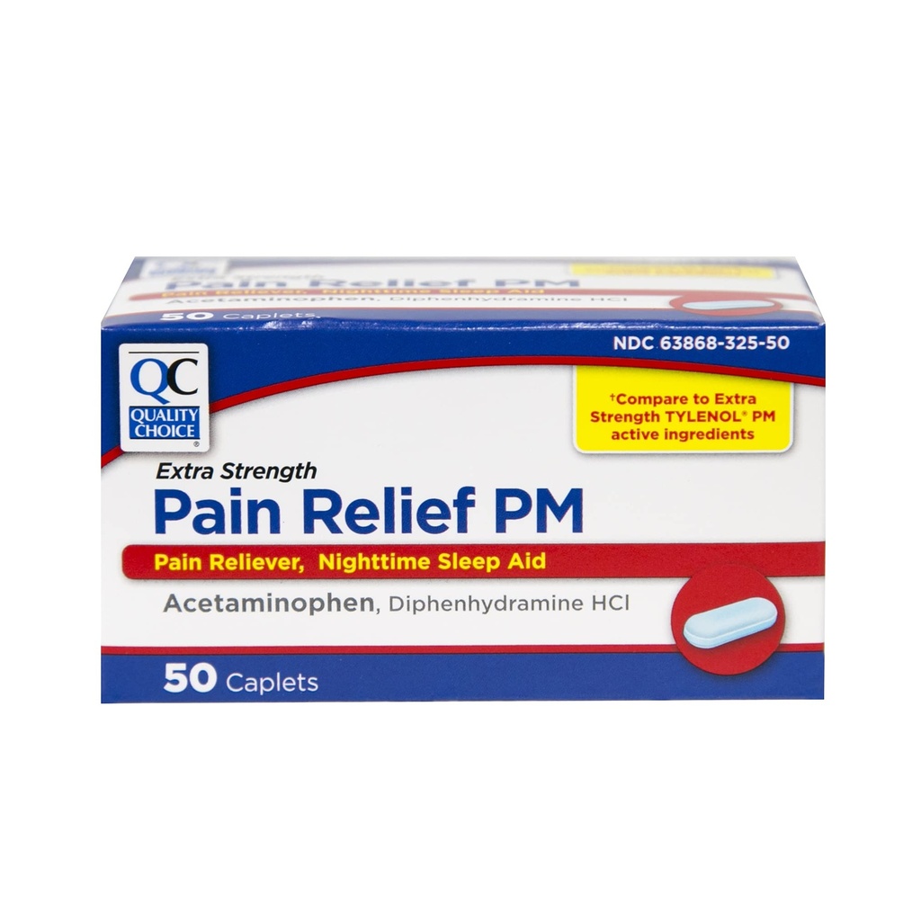 Choix de qualité Relief de douleur extra-fort PM, soulagement de la douleur et aide au sommeil de nuit, acétaminophène 500 mg et diphénhydramine HCI 25 mg (aide au sommeil), 50 paquets de nombre de capsules