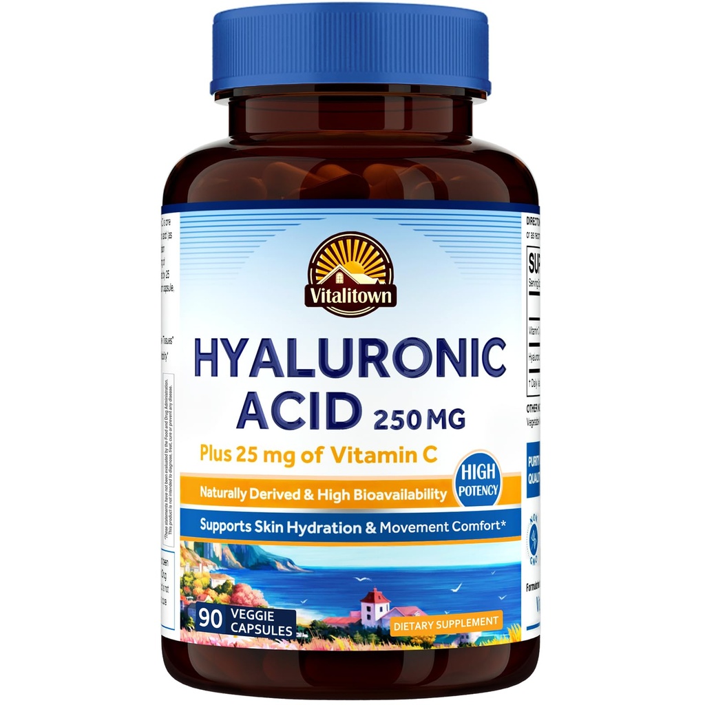 Vitalitown Hyaluronzuursupplementen 250 mg, Plus 25 mg vitamine C, natuurlijk afgeleide en hoge biologische beschikbaarheid, huidhydratatie, 90 Vegan Capsules, 3 maanden aanvoer