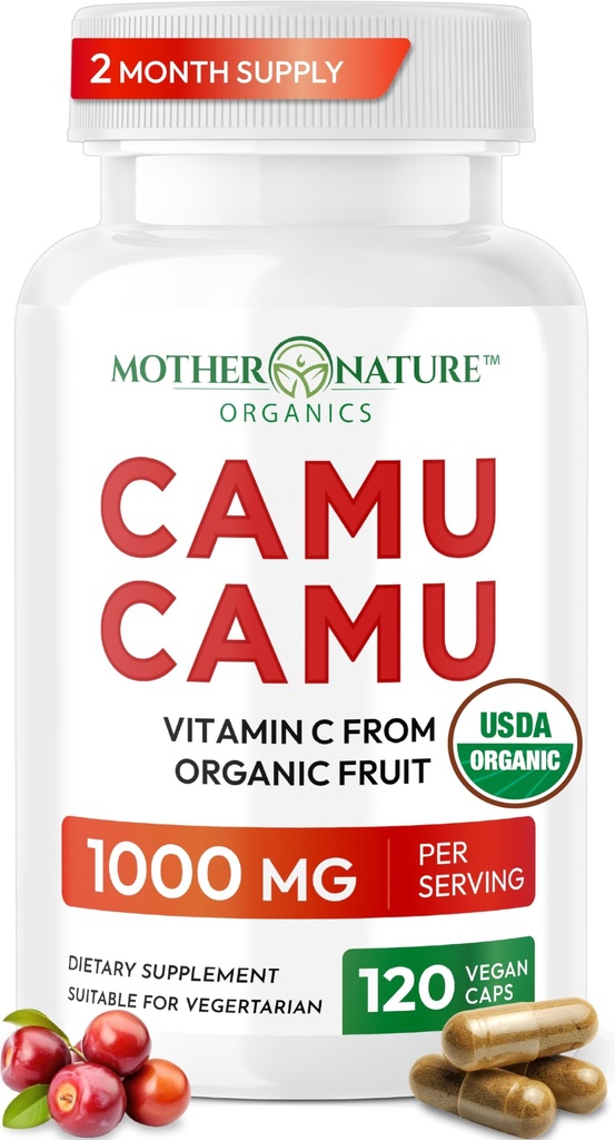 Organic Vitamin C from Camu Camu Capsules 1,000mg, Packed with Natural VIT C, Raw Antioxidants - Immune Support Supplement & Anti-Aging for Skin - Powder Organic, Vegan, Non-GMO (120 Count)