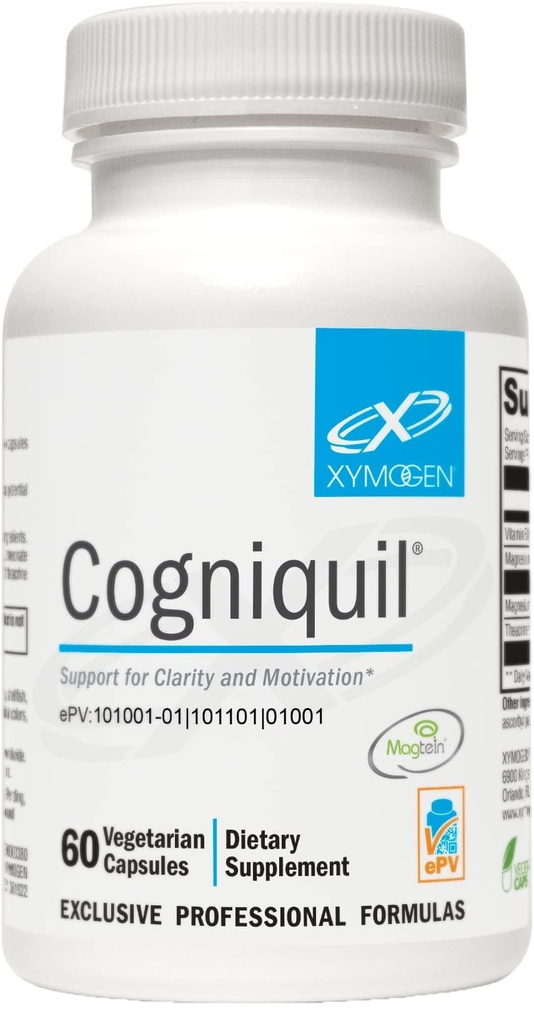 XYMOGEN Cogniquil - Ondersteuning voor Helderheid, Focus, Motivatie, Mentale en Fysieke Energie - Magnesium L-Dreonaat om Biobeschikbaar Magnesium te leveren aan The Brain, Theacrine + Vitamine B12 (60 Capsules)