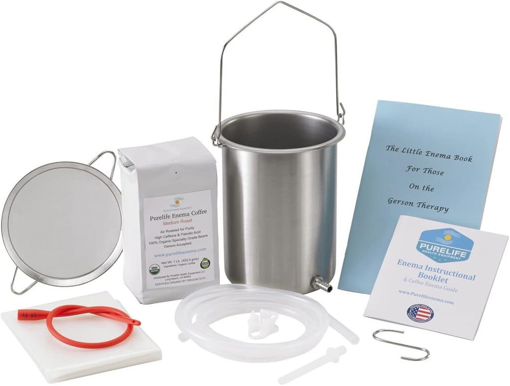 PureLife Coffee Enema Kit- Made in USA - Alles wat je nodig hebt Kit - 2 Qt VS Roestvrij staal Klysma Emmer - Lab Getest Biologische Enema Koffie - Mold, Schimmel, Mycotoxine Gratis - 1 Pond - Koffiestrainer