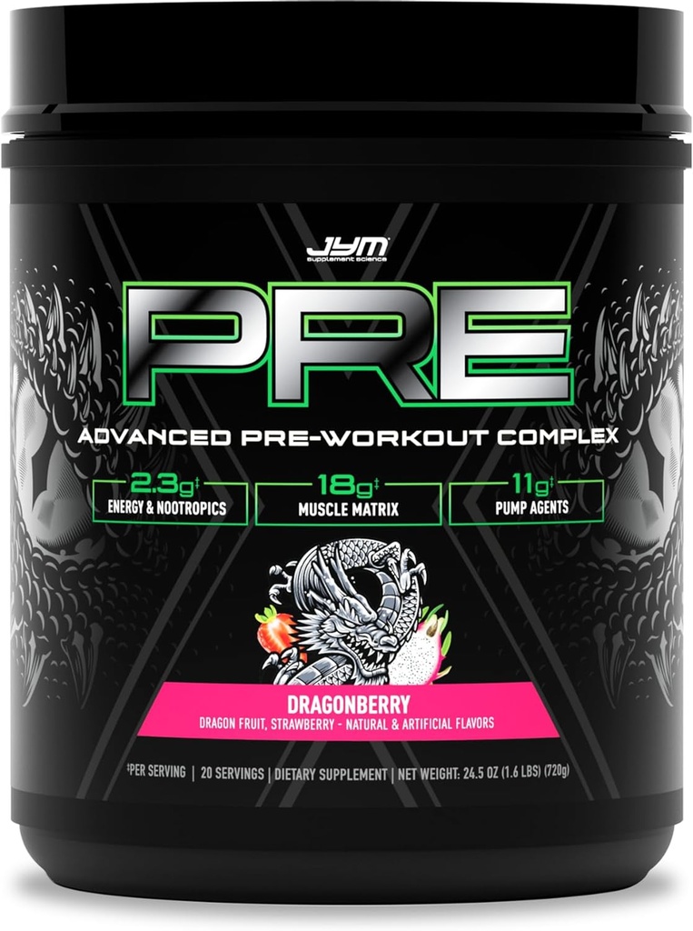 JYM Supplement Wetenschap Pre JYM X Dragonberry Advanced Pre-Workout Poeder Massive Pumps, Citrulline Nitraat, Dynamine, NO3T Betaine, B