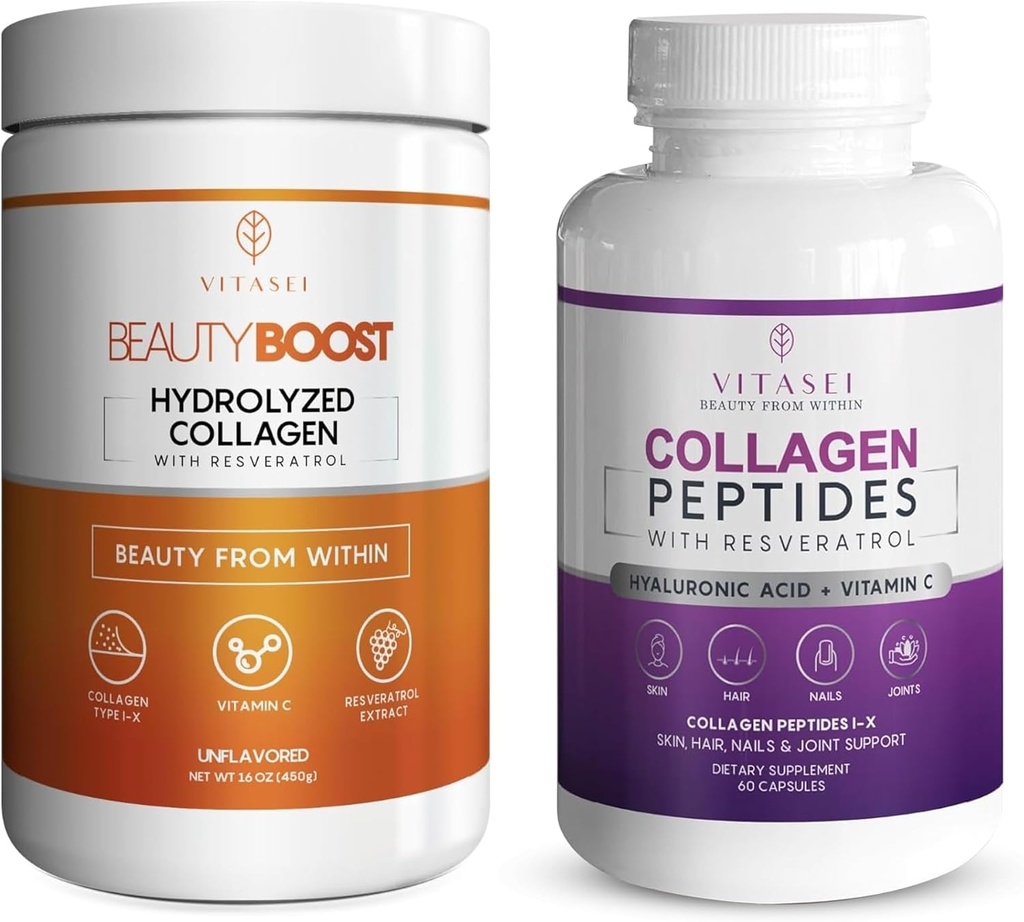 VITASEI Collageen Wellness bundel Gehydrolyseerd Collageen Peptides Powder & Collageen Peptide Capsules with Vitamin C & Resveratrol