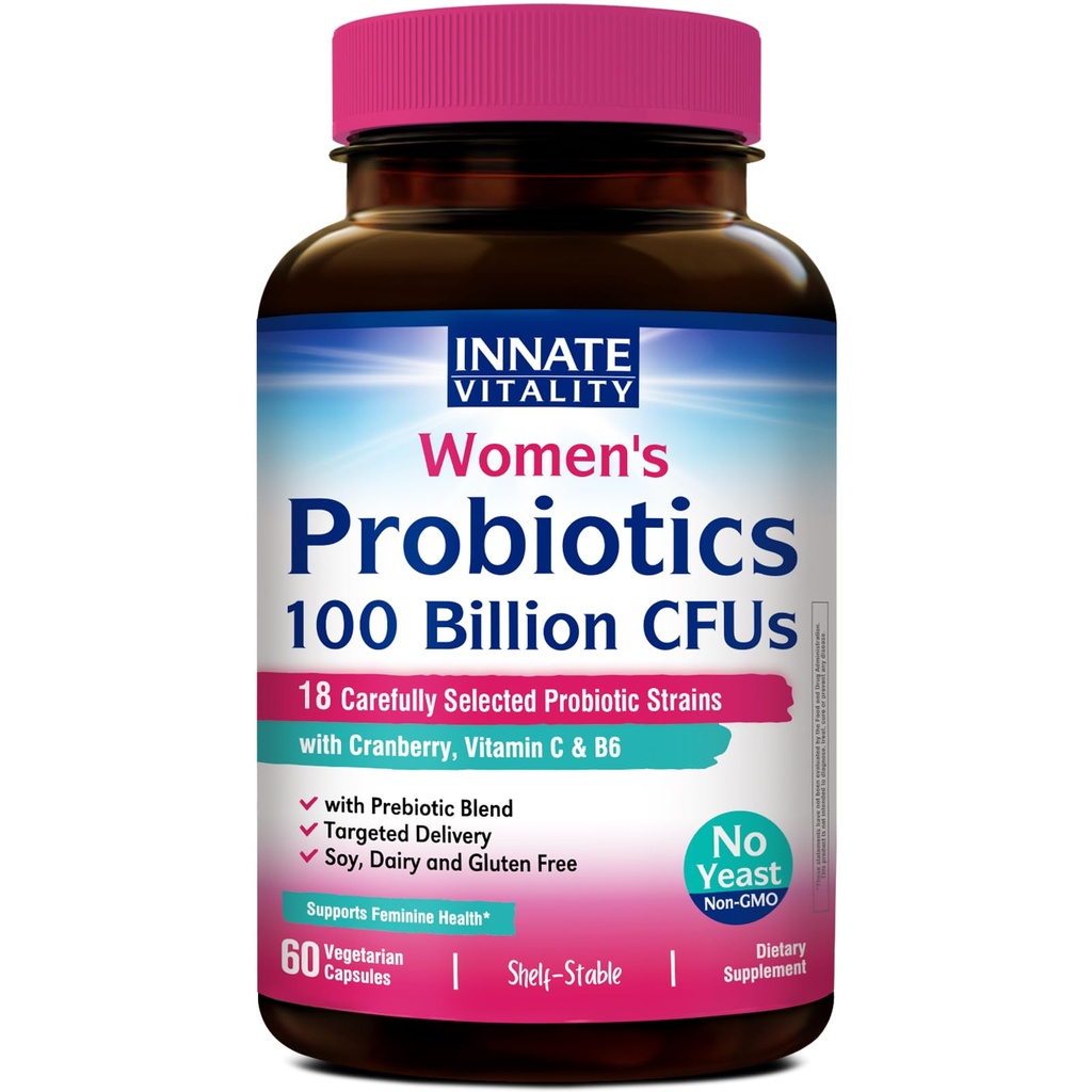 Probiotiques de vitalité innée pour les femmes, 100 milliards d'UFC 18 souches, prébiotiques et probiotiques, avec canneberge, vitamine C et B6 P5P, santé vaginale et digestive, non réfrigéré, 60 capsules