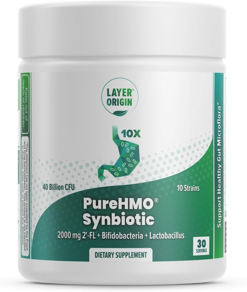 Origine de la couche: PureHMO Synbiotique: Prébiotique + Probiotique, 2000 mg de poudre de lait humain Oligosaccharides, 10 souches, 40 milliards de probiotique - Forme de poudre