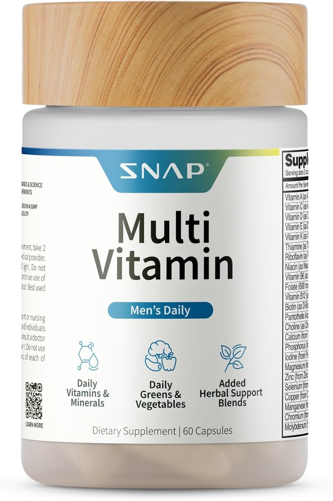 Snap Supplementen Mannen Multivitaminen - Dagelijkse Vitaminen en Mineralen voor Mannen - Vitamine D, B12, Zink, Kruiden & Vitamine C voor Energie & Immuun Ondersteuning, Multivitamine voor Mannen, 60 Capsules