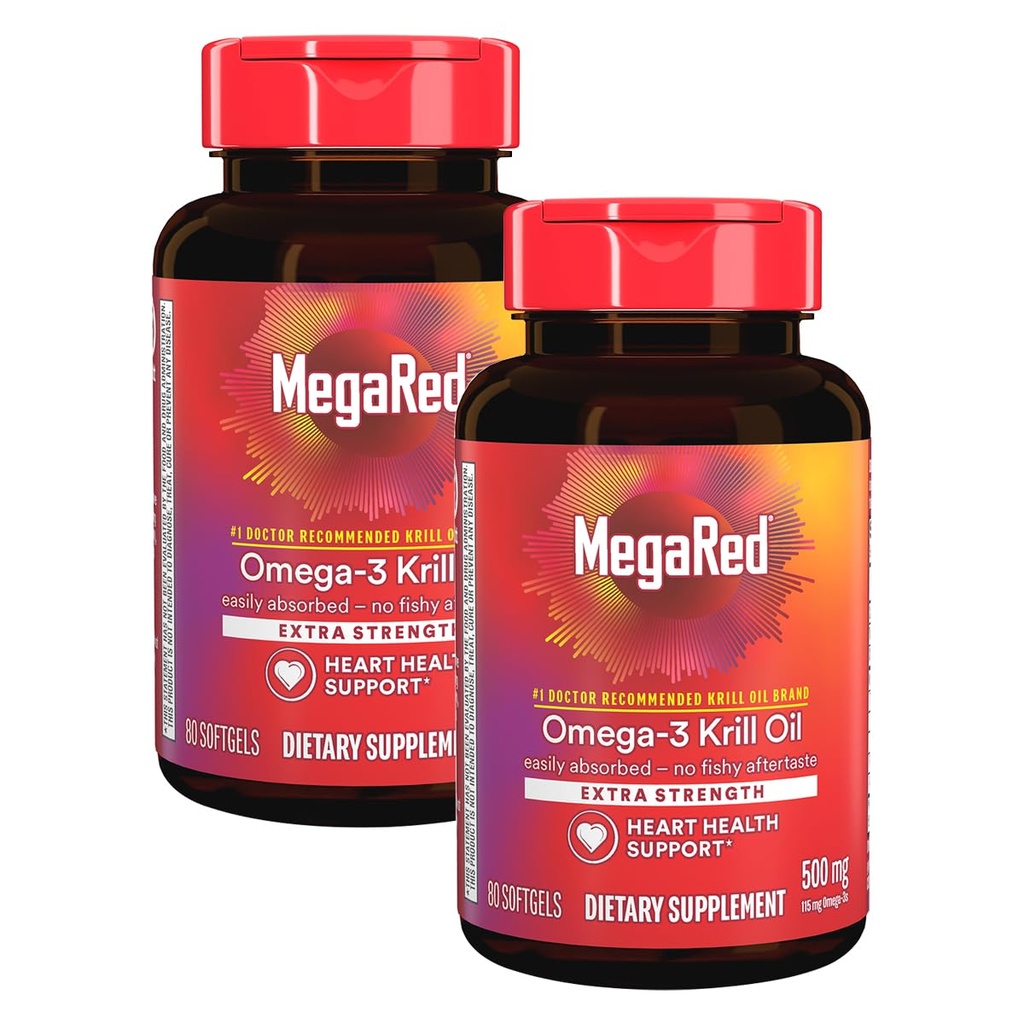 MegaRed Extra Strength 500mg Omega-3 supplément d'huile de krill avec EPA/DHA, aucun arrière-goût de poisson soutient la santé cardiaque, 80 softgels de comte (2 pack)