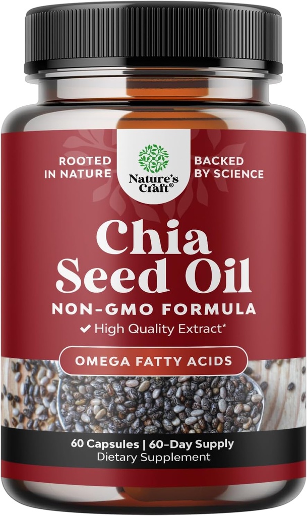 Supplément d'huile de graines de chia pour la perte de poids et l'énergie Superfood naturel Protein Booster pour les hommes et les femmes - Tryptophane antioxydant vitamines Omega 3 acides gras 60 portions par contenant
