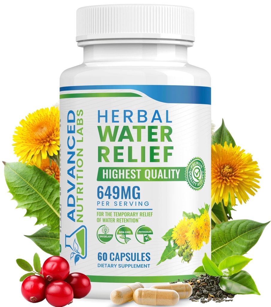Herbal Water Relief Diuretic Water Pillen voor Water Retention, Bloating, Zwelling Legs, Voeten - Dandelion Extract Supplement - Water Retention Loss - Diuretics for Women & Men - 60 Capsules