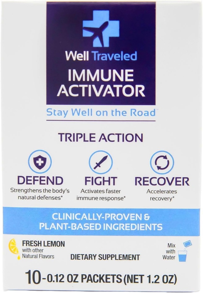 Goed gereisd Immune Activator, Natuurlijke Drink Mix voor Immune Ondersteuning & Gut Health, Prebiotica, Postbiotica, Vitamine C, Vitamine D, Zink, Geen Toegevoegd Suiker, Wetenschap ondersteund, Citroen smaak, 10 Tellen