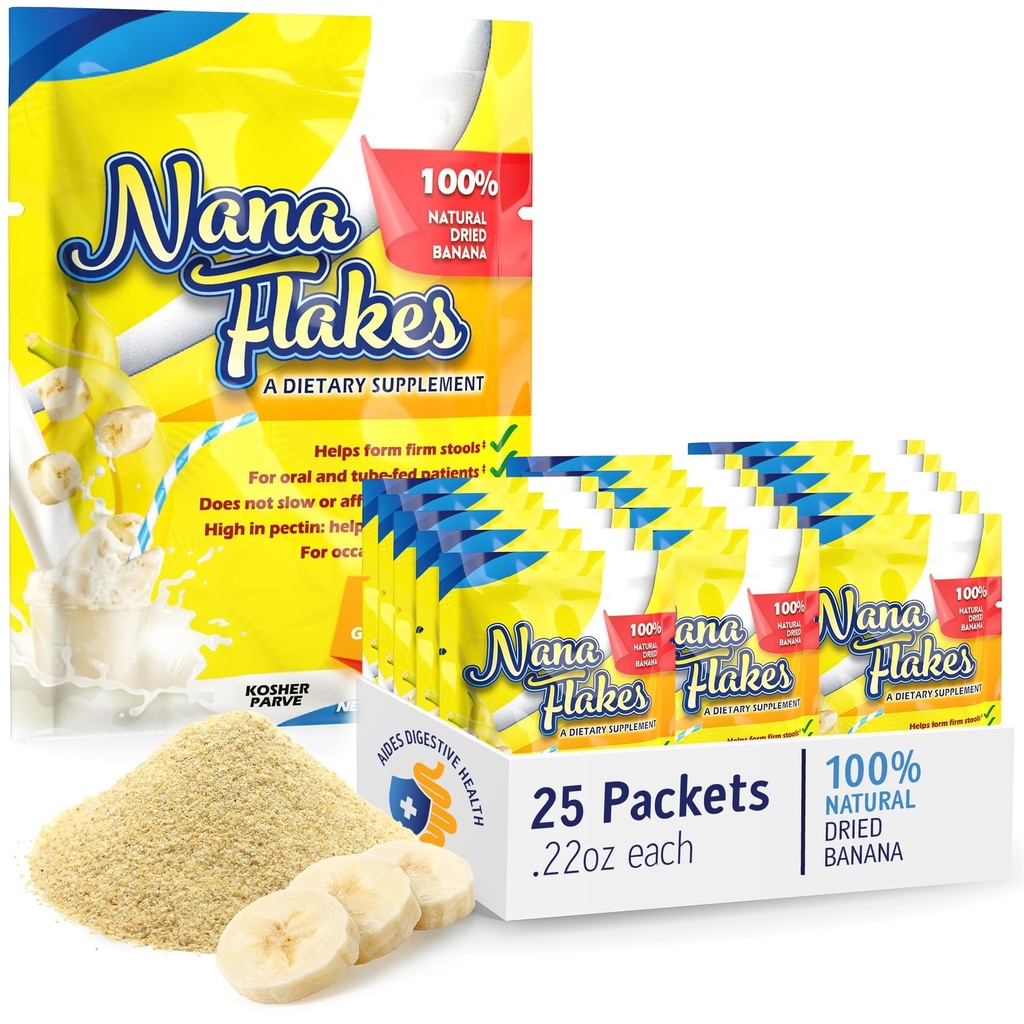 Nana Flakes 100% Pure Banana Flakes Medical Food Powder - Verminderen vetopname en natuurlijke remedie voor diarree en hartverbranding - Grote bron van eiwit en vezel (25 single-server Packs)
