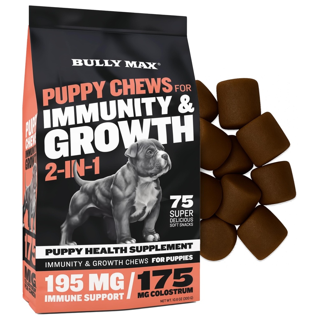 Bully Max 2-in-1 Puppy Treats Zachte Kauwen voor Immuniteit & Groei - Hond Vitaminen & Supplementen - Essentiële Multivitamine Voedsel Topper voor Gezondheid & Immuun Ondersteuning - Kleine, middelgrote en grote rassen Puppies