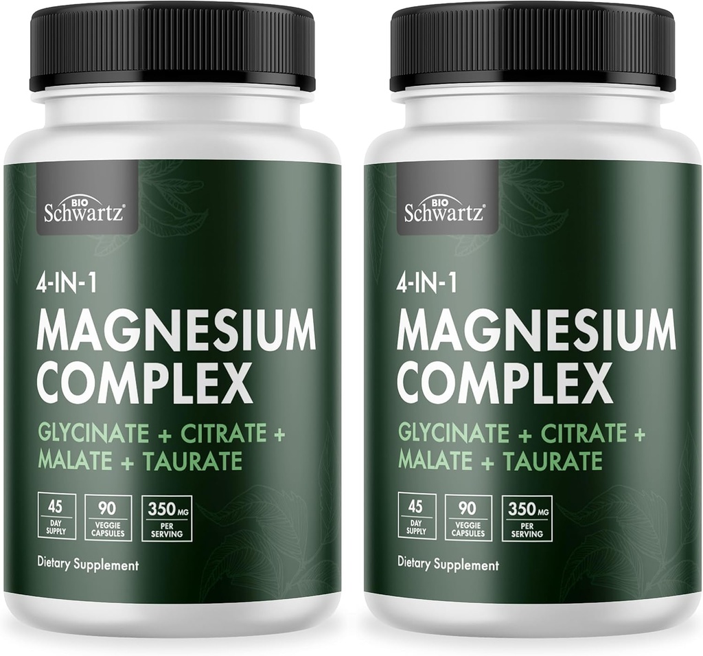 BioSchwartz Magnesium Complex Supplement (2 Pack) 350mg Magnesium Glycinate Citrate Malate en Taurate Per Serving for Healthy Nerves Muscles Heart Sleep Support (Vegan, Gluten-Free, Non-GMO)