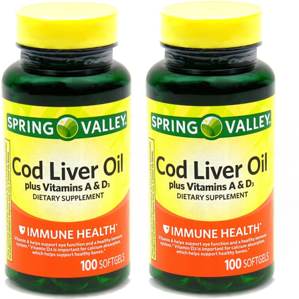 Spring Valley - Koolleverolie met vitamine A & D 100 softgels (verpakking van 2)