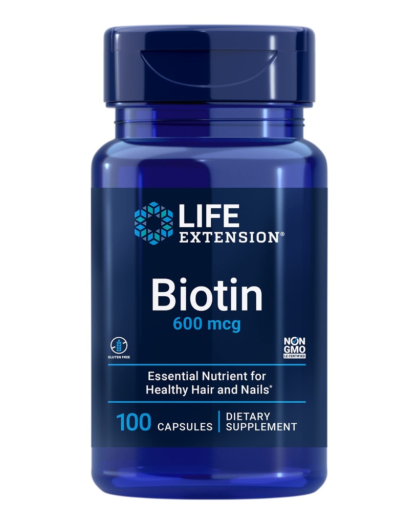 Life Extension Biotin 600 mcg Vitamine B7 Supplément de soutien pour les beaux cheveux, ongles et au-delà – sans gluten, sans OGM - 100 capsules