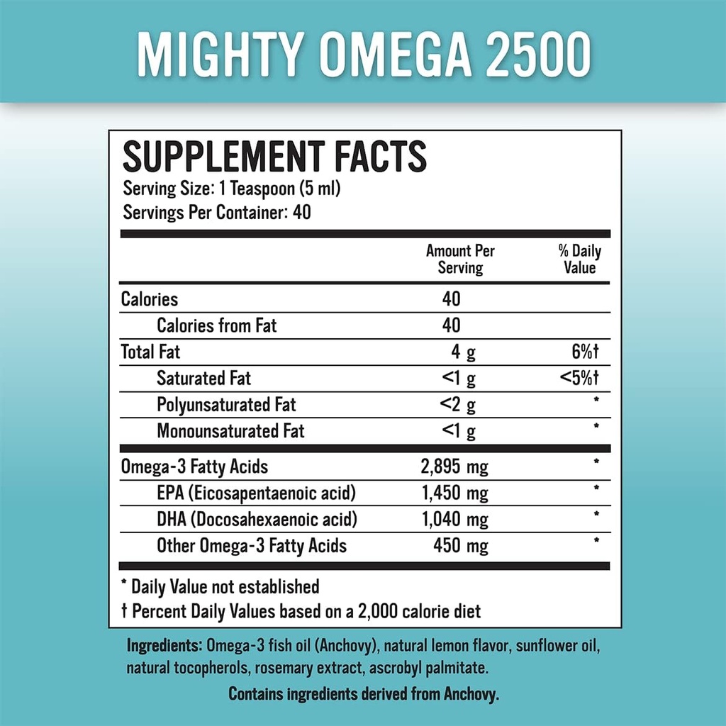 Mighty Omega 2500 Potent Omega 3 Supplement - 2500 MG EPA DHA per theelepel - Hoge dosis Omega's 3 Visolie - Zuid Pacifische ansjovis - Triglyceride Omega's 3 Vetzuur Supplement