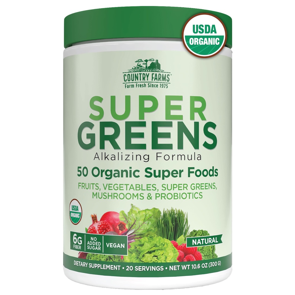Country Farms Biologische Super Greens Natuurlijke Smaak, 50 Biologische Super Foods, Verpakt met vezels, USDA Biologische Drink Mix, Fruit, Groenten, Paddenstoelen & Probiotica, Steunt Energie, 6g Vezel