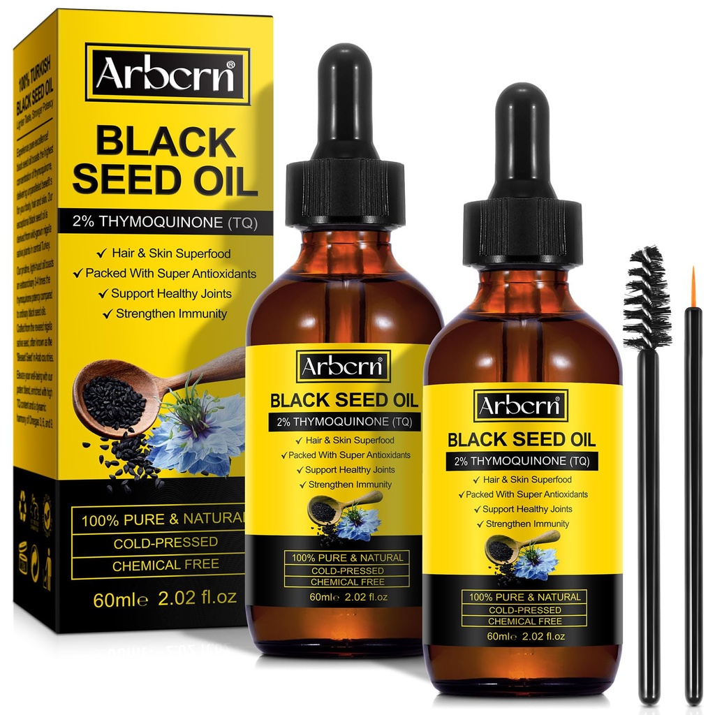2 Pack Black Seed Oil Organic Cold Pressed,100% Pure & Natural Liquid Black Seed Oil Cold Pressed Glass Bottle 60ML voor huidverzorging, voeden en hydrateren haar