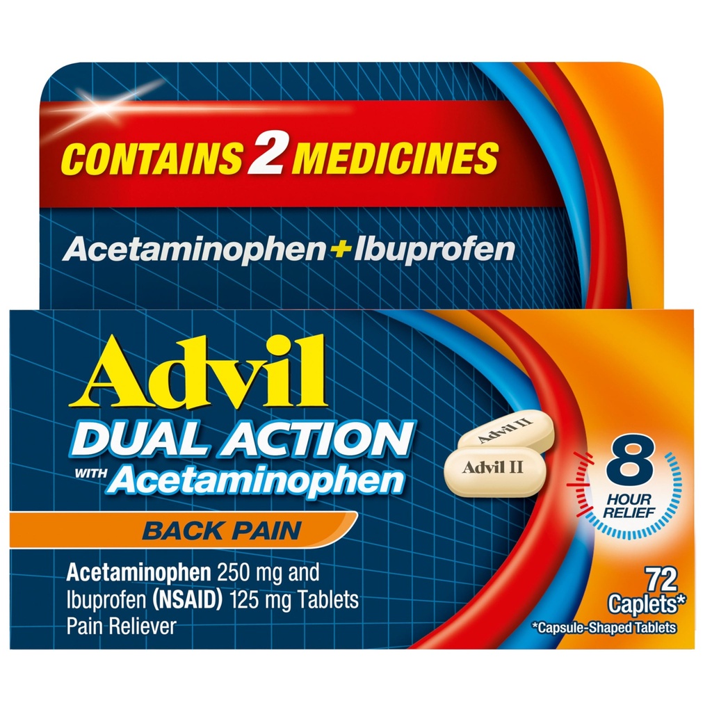 Advil Dual Action Terug Pijn Caplets Levert 250 mg Ibuprofen en 500 mg Acetaminofen per dosis voor 8 uur van rugpijn verlichting - 72 Tel.