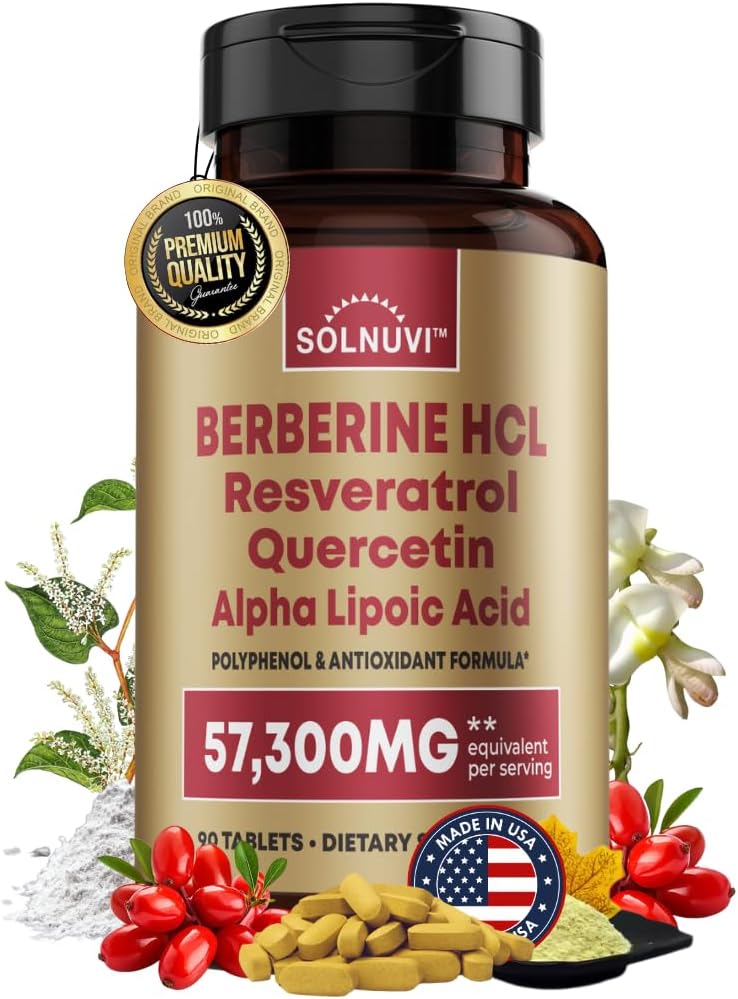 Premium Berberine Supplement met Resveratrol Quercetine Alpha Lipoïnezuur - 50:1 Berberine HCl Complex Krachtige antioxidanten, Polyfenolen, Vitality Boost - 90 Vegan tabletten, Non-GMO, Glutenvrij