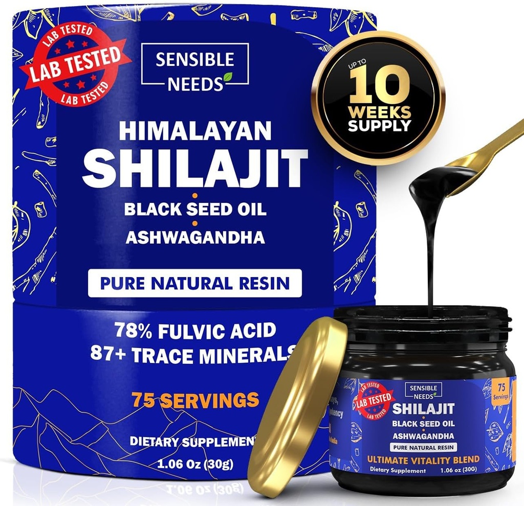 Pure Himalaya Shilajit Organic Resin Supplement, Shilajit voor mannen en vrouwen met zwarte zaadolie & Ashwagandha, Energie, Immuniteit, 78% Fulvinezuur, 87+ Trace Minerals, 400mg