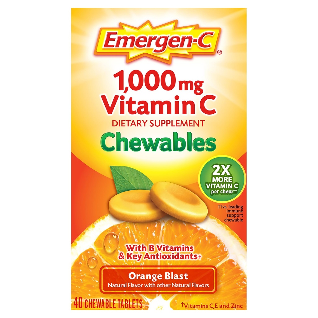 Emergen-C Kauwbare vitamine C 1000mg, met B-vitaminen en antioxidanten Tablet (40 Tel, Oranje Blast smaak), Dieetsupplement
