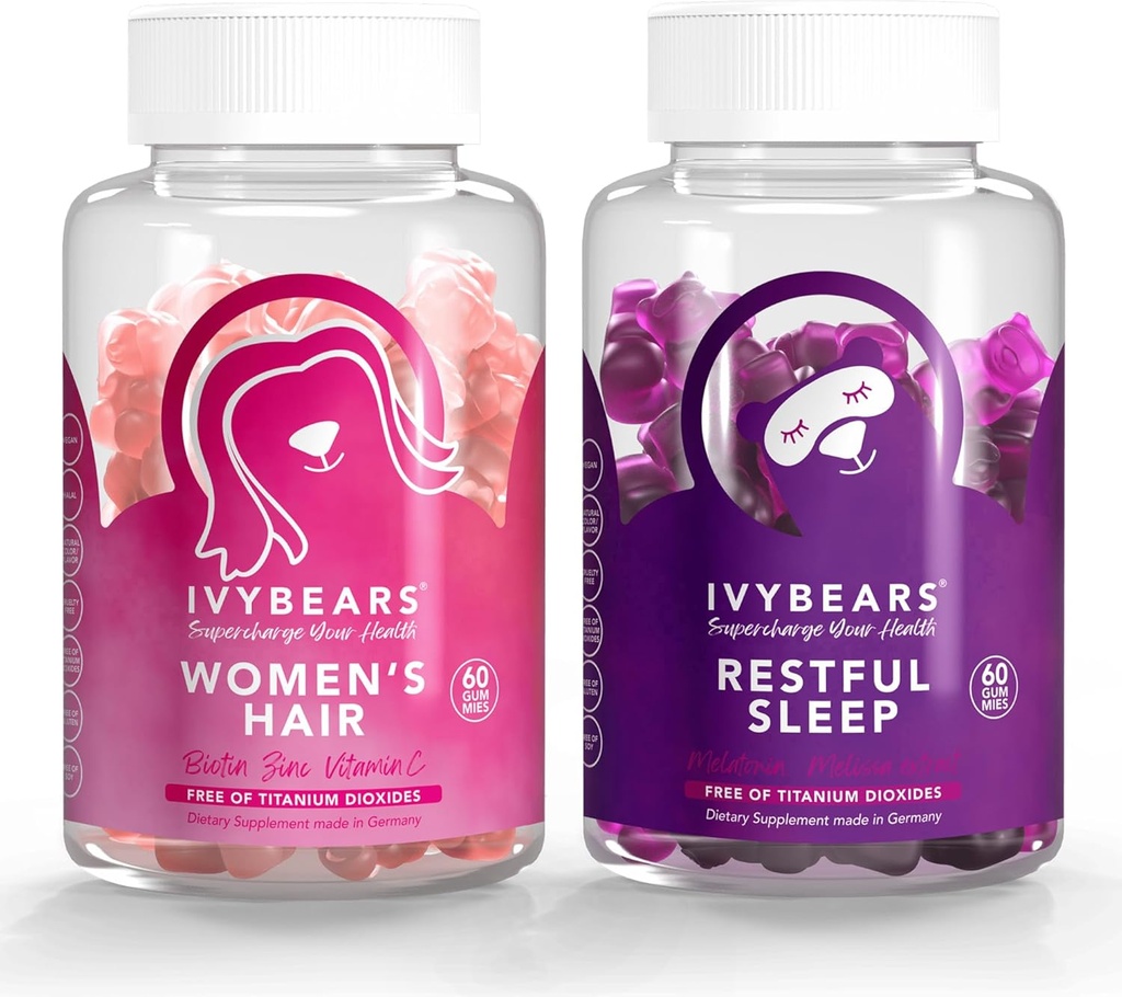 IvyBears® Hair & Sleep Gummies for Women Biotin Hair Vitamin + Snelwerkende Melatonine met Ontspannende Botanicals
