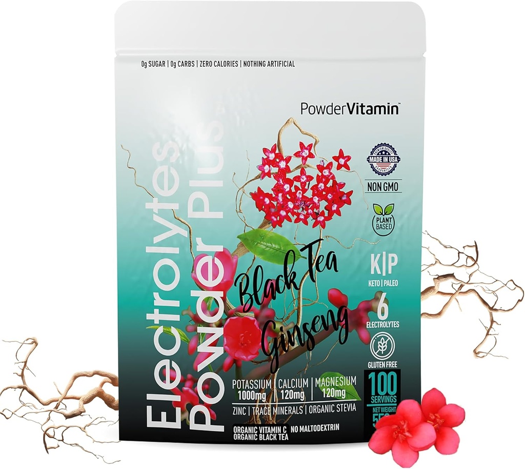 PoederVitamine Elektrolyten Poeder Plus (100 porties) Zwarte thee Ginseng Electrolyte Poeder Keto, Suikervrij, Roze Himalaya Zout, 1000mg Kalium,150mg Calcium,150mg Magnesium, Hydratatiepoeder