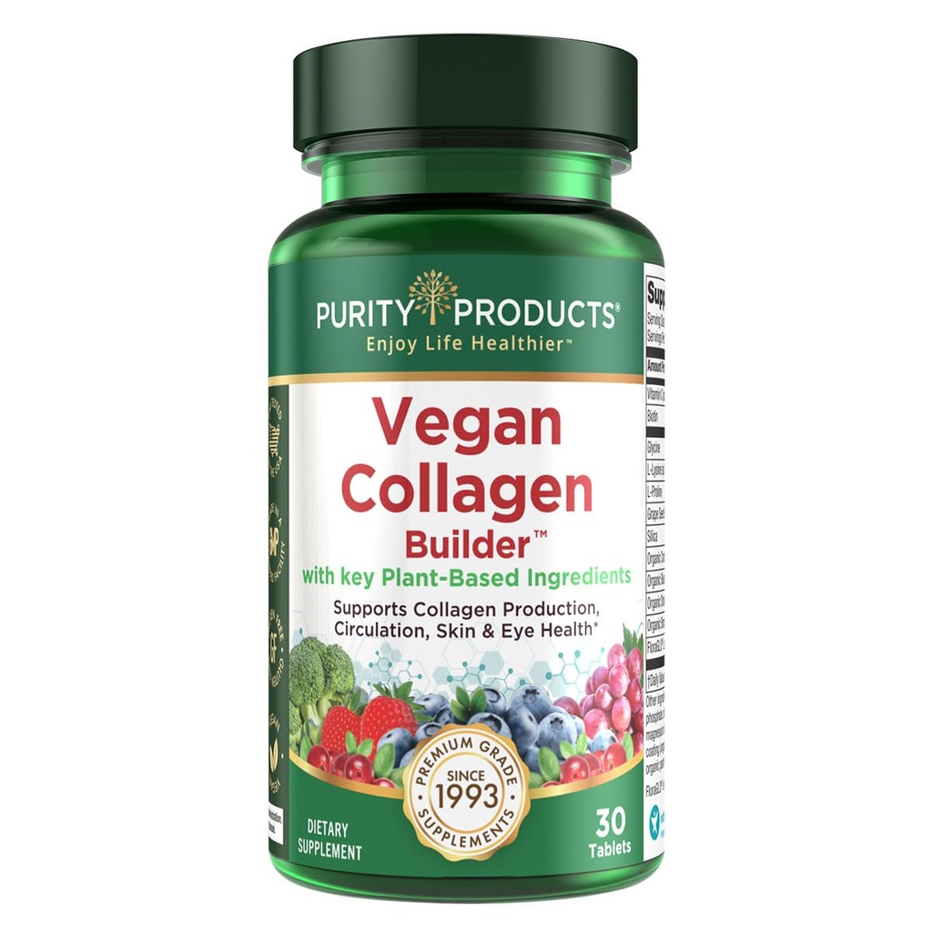 Vegan Collageen Builder - Organic Whole Foods Fruits + Veg, Silica, Luteïne, Vitamine C, Biotine, Grape Seed - Aminozuren Glycine, Lysine + Proline Collageen Boosters (30 porties, tabletten)