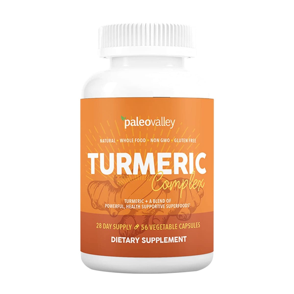 Paleovalley - Complexe de curcuma biologique - Curcuma biologique à spectre complet avec superaliments de soutien pour la santé - 56 capsules végétariennes - Joints de soutien, immunité, santé du cerveau et du coeur
