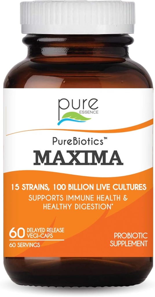 PURE ESSENCE LABS Maxima Probiotica 100 miljard CFU - Mannen & vrouwen Probiotische supplement voor betere spijsvertering - 15 Strains for Immune Support and Digestief Health (60 Capsules)