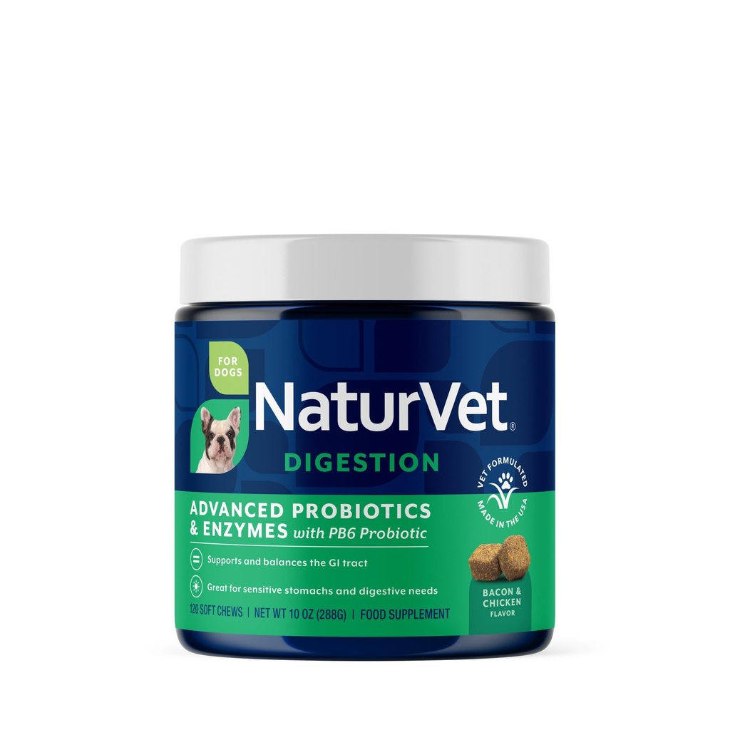 NaturVet Advanced Probiotics & Enzymes, PB6 Honden Zachte Kauwen te helpen gevoelige maagden en spijsverteringsproblemen, Hickory Smoked Bacon Flavored Pet Supplement voor honden meer dan 6 weken, 120 Graaf Jar