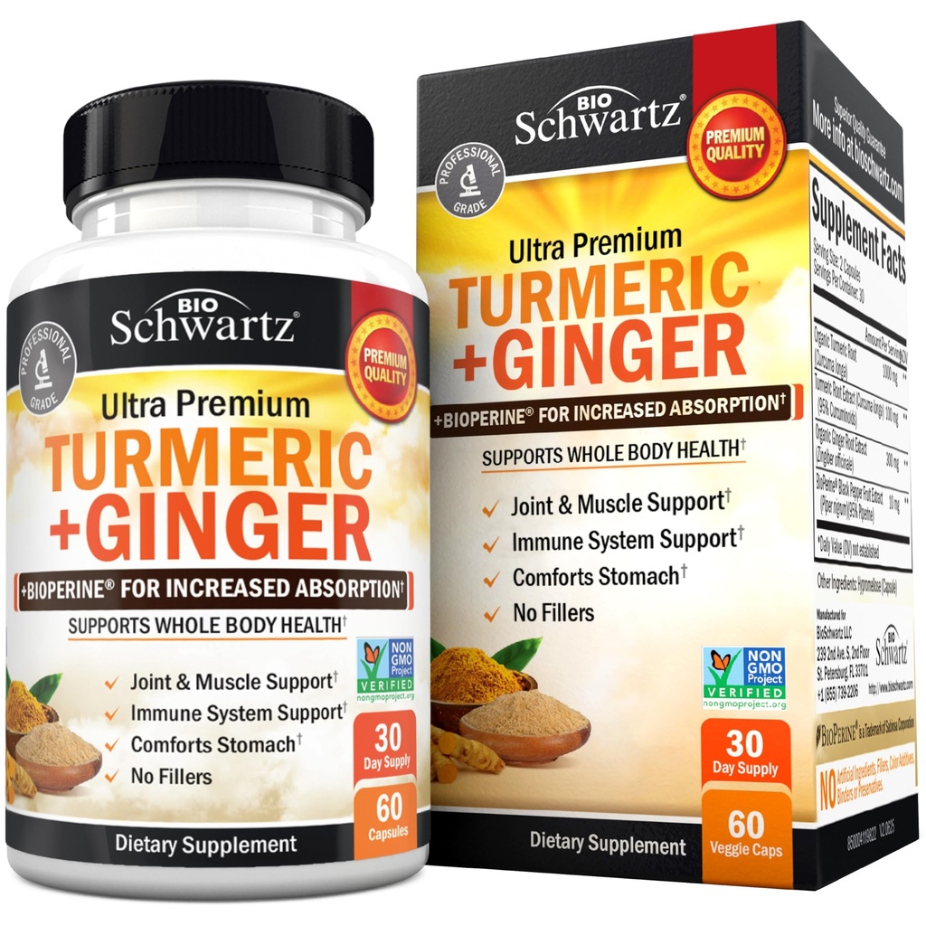 Curcumine curcumine et supplément au gingembre - 95% Curcuminoïdes standardisés avec extrait de poivre noir BioPerine pour une absorption ultra élevée - Supplément de soutien des articulations naturelles - Sans gluten - 60 capsules