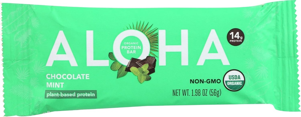 Barres de protéines de la menthe de chocolat biologique Aloha, 14g de protéines végétales, certifié USDA biologique, sans gluten et non OGM, 56 Gm (paquet de 12)