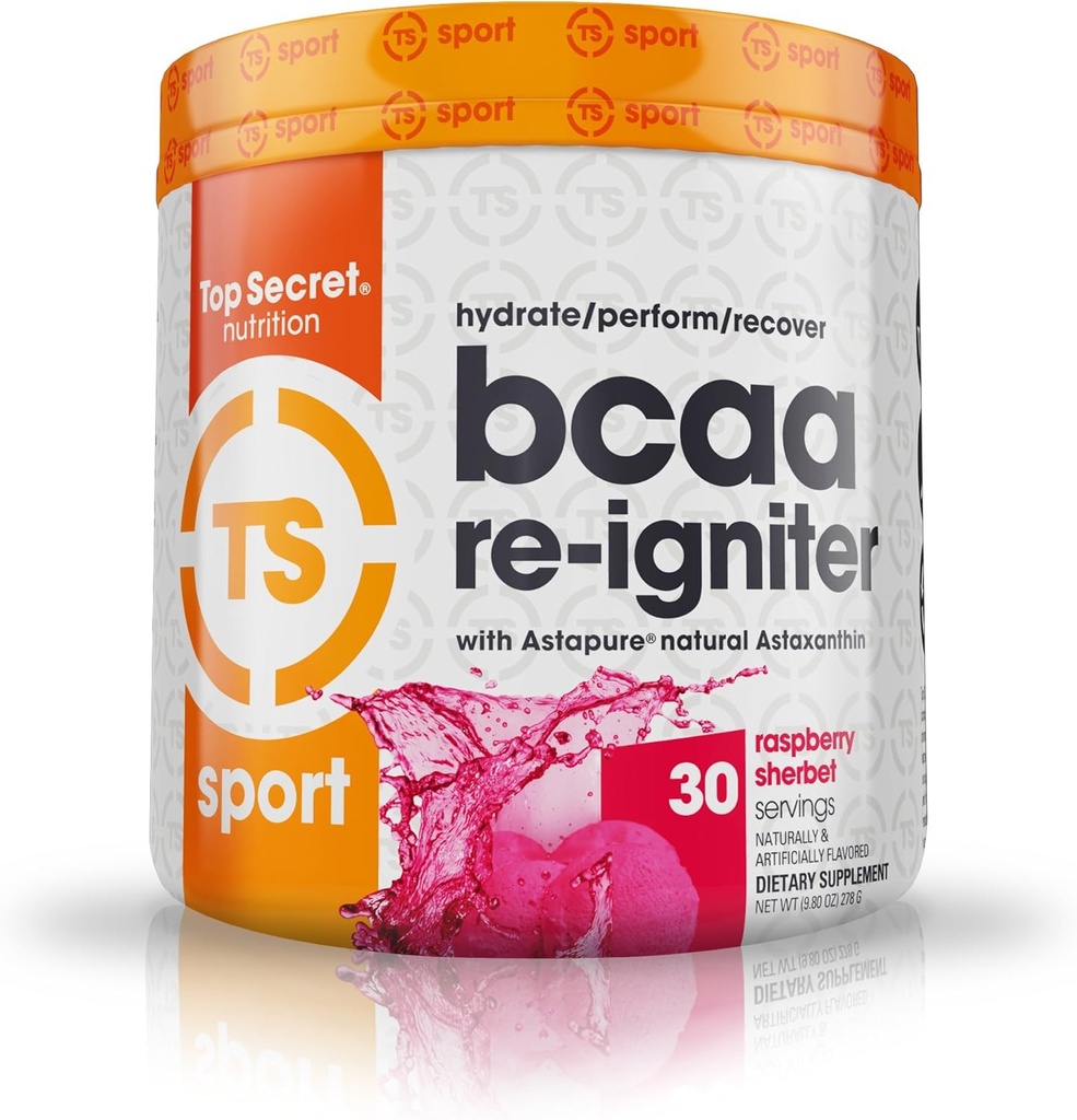 Top Secret Nutrition BCAA Re-Igniter Vegan Amino Acid Supplement met Astaxanthine en Electrolyte, Hydratatie Blend met Kokoswater, 9,80 oz (30 porties), Raspberry Sherbet