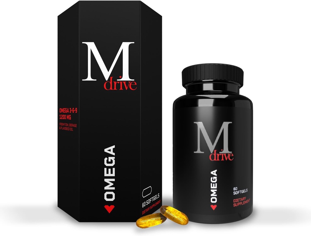 Mdrive Omega 3 Visolie voor mannen, Omega 3-6-9 1200mg van Vis, Borage & Vlaszaad Olie, Ondersteuning Hart, Hersenen, Huid en Joint Health, 60 Tellen