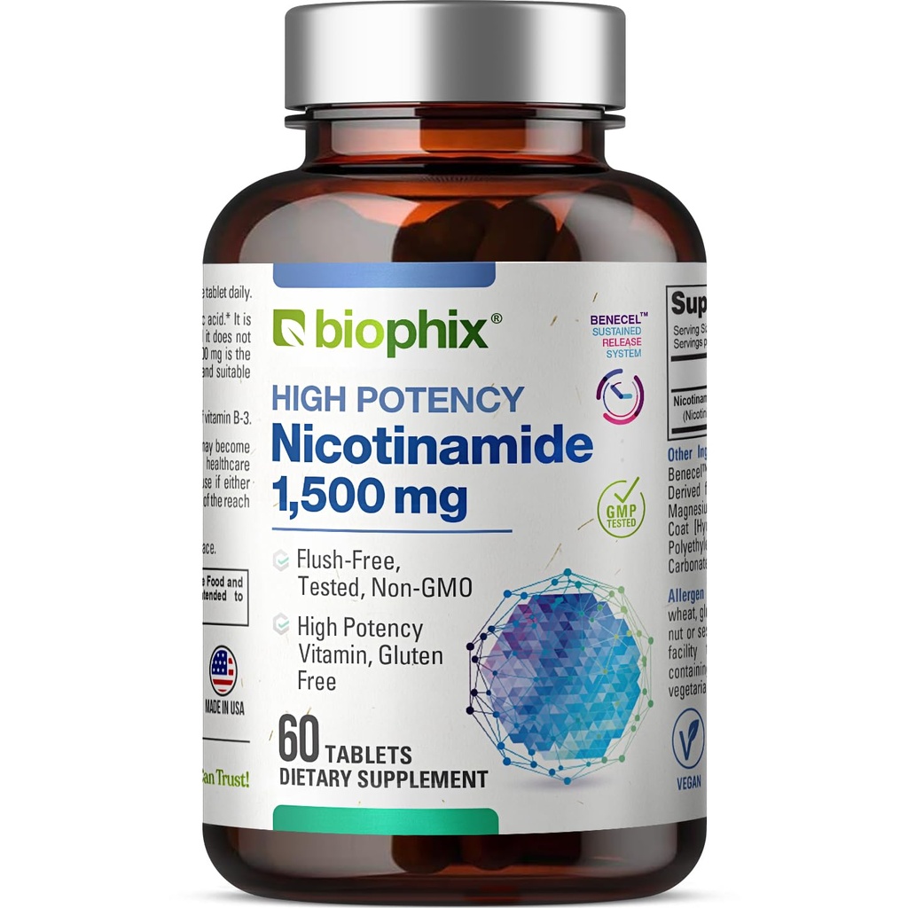 biophix B-3 Nicotinamide 1500 mg 60 tabletten Maximale sterkte - Nicotinic Amide Niacin Natural Flush-Free Vitamine Formula - Ondersteunt huidcelgezondheid