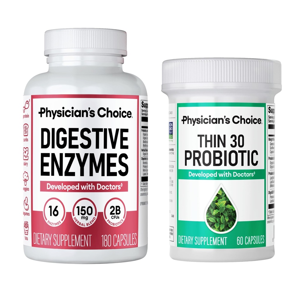 KEUZE van de arts - Beat Bloat + Ondersteuning Weight Management Bundle: Decompensative Enzymes 180ct + Thin-30 Probiotic 60ct - Waarde Pack