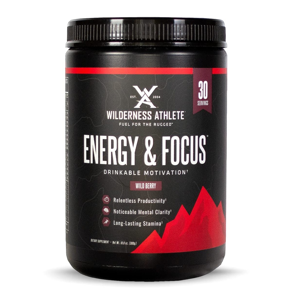 Athlète Wilderness - Energie & Focus ► Préentraînement énergétique pour les femmes et les hommes - Mélange de poudre d'énergie avec caféine naturelle - Poudre d'entraînement à faible teneur en glucides, à sucre zéro - 30 Tub de service (Berry de Wilder)