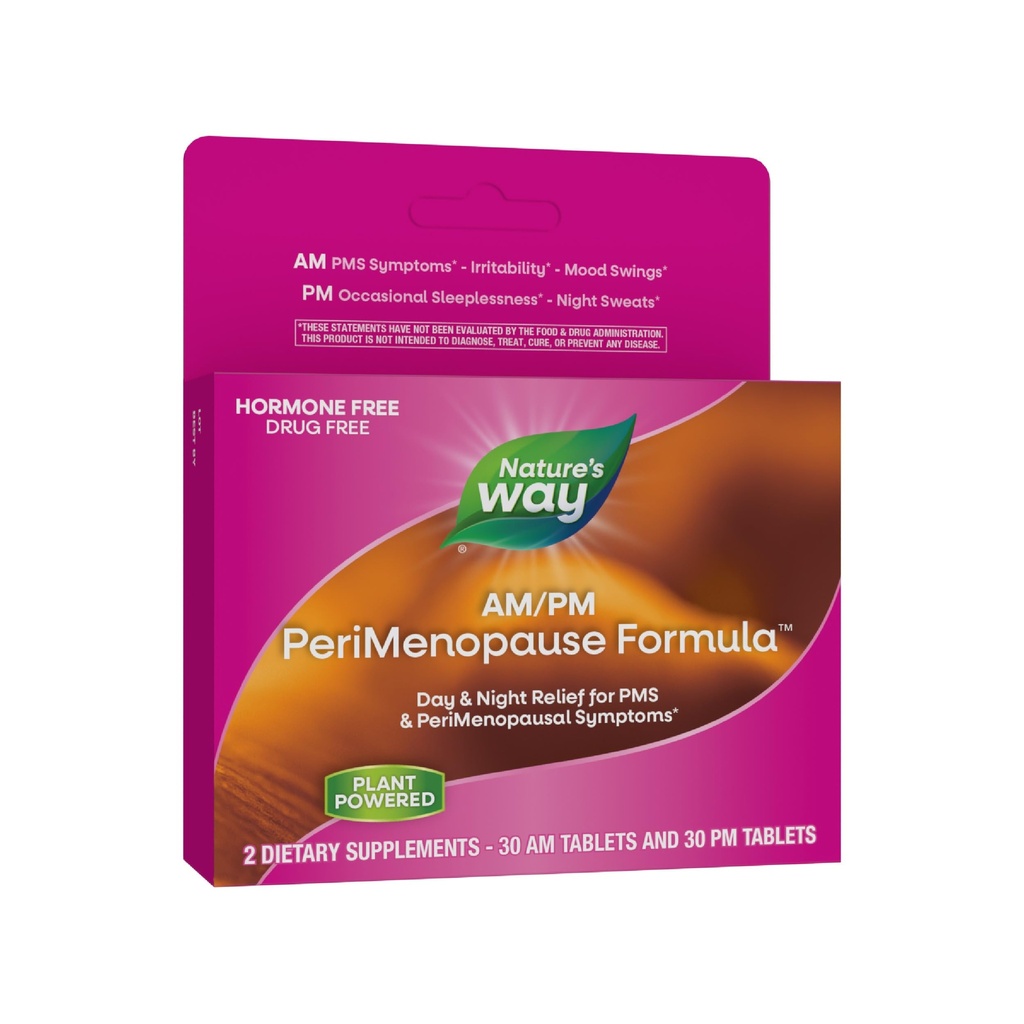 Nature's Way AM/PM PeriMenopause Formula, Perimenopause en PMS Symptoom Support*, Hormone-Free, Hot Flashes*, PMS Symptomen*, Rustvolle Slaap*, 30 uur & 30 PM Tablets (Verpakking mei Vary)
