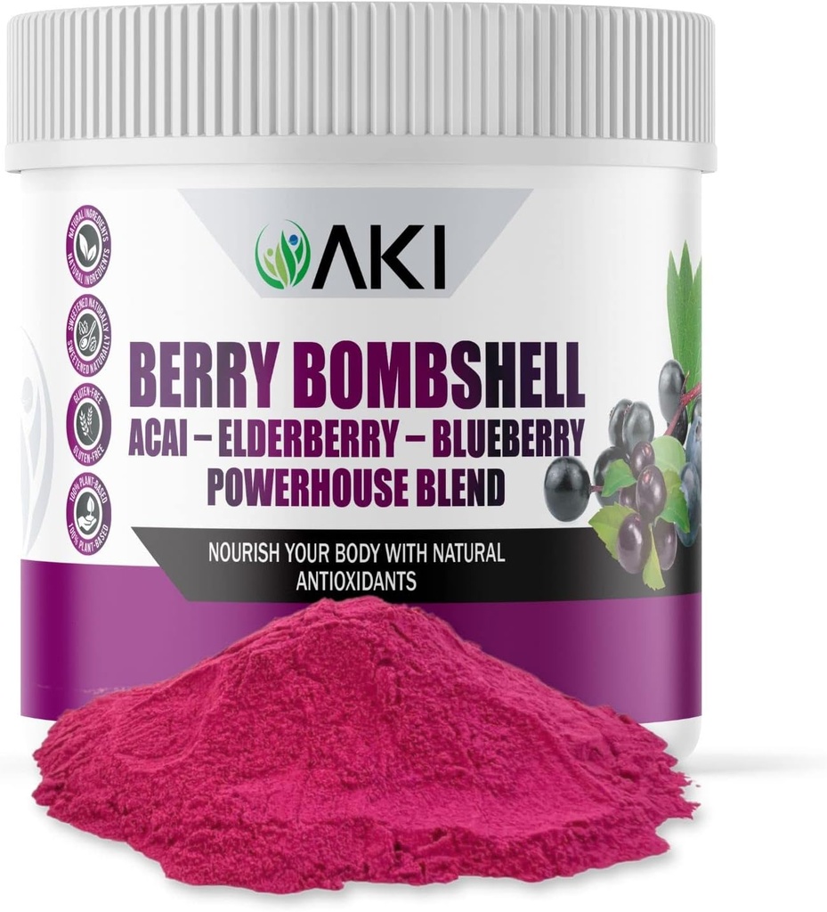 AKI Berry Bombshell - Acai, Vlierbes & Blueberry Blend (5.3oz/150g) - Brengt samen De ideale Bessen om een voedings-, smaakvolle en handige Superfood - Vegan Vriendelijk & Glutenvrij