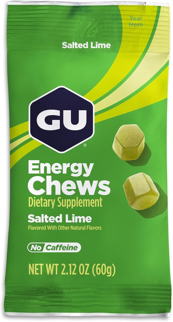 GU Energie Kauwen, Gezouten Lime Energie Gummies met Elektrolyten, Veganistisch, Glutenvrij, Kosher, Cafeïnevrij, en Dairy-Free On-The-Go Energie voor elke training, 12 Zakken (24 Servers Totaal)