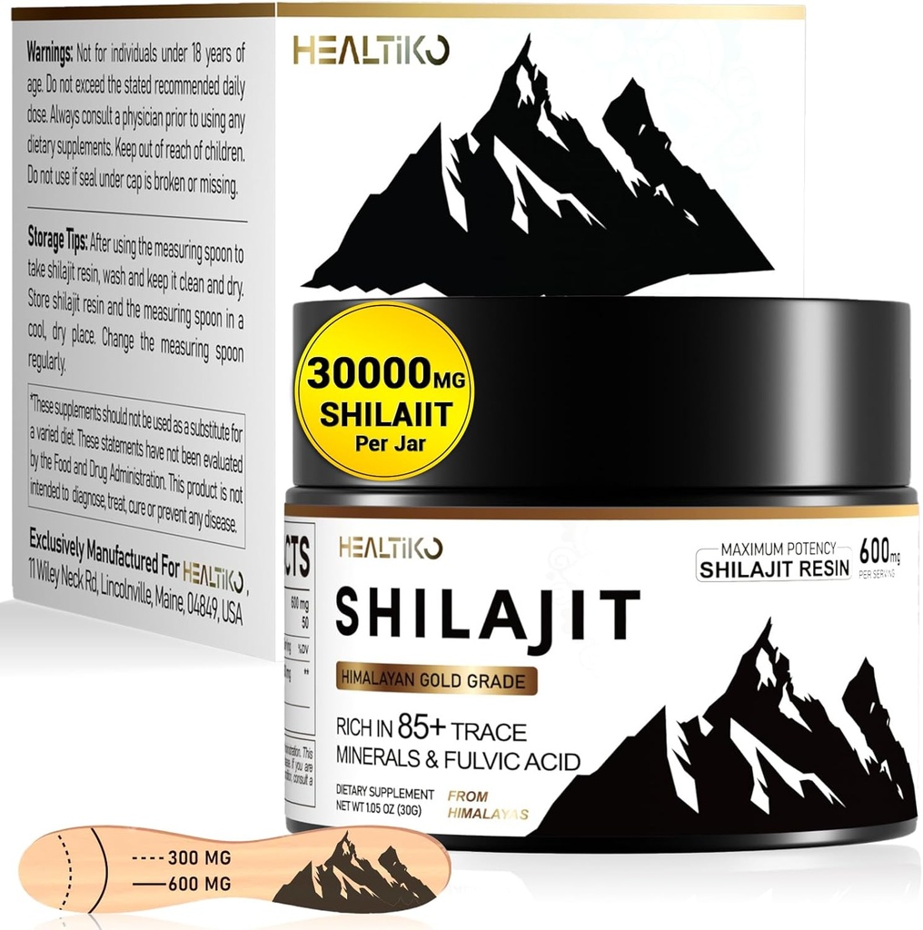 Shilajit Resin, Himalaya Shilajit Organic - 600mg Potency Gold Grade, Shilajit voor mannen & vrouwen met 85+ Trace Minerals & Fulvic Acid, voor uithoudingsvermogen, imminiteit & kracht, 50 Serving (30g)