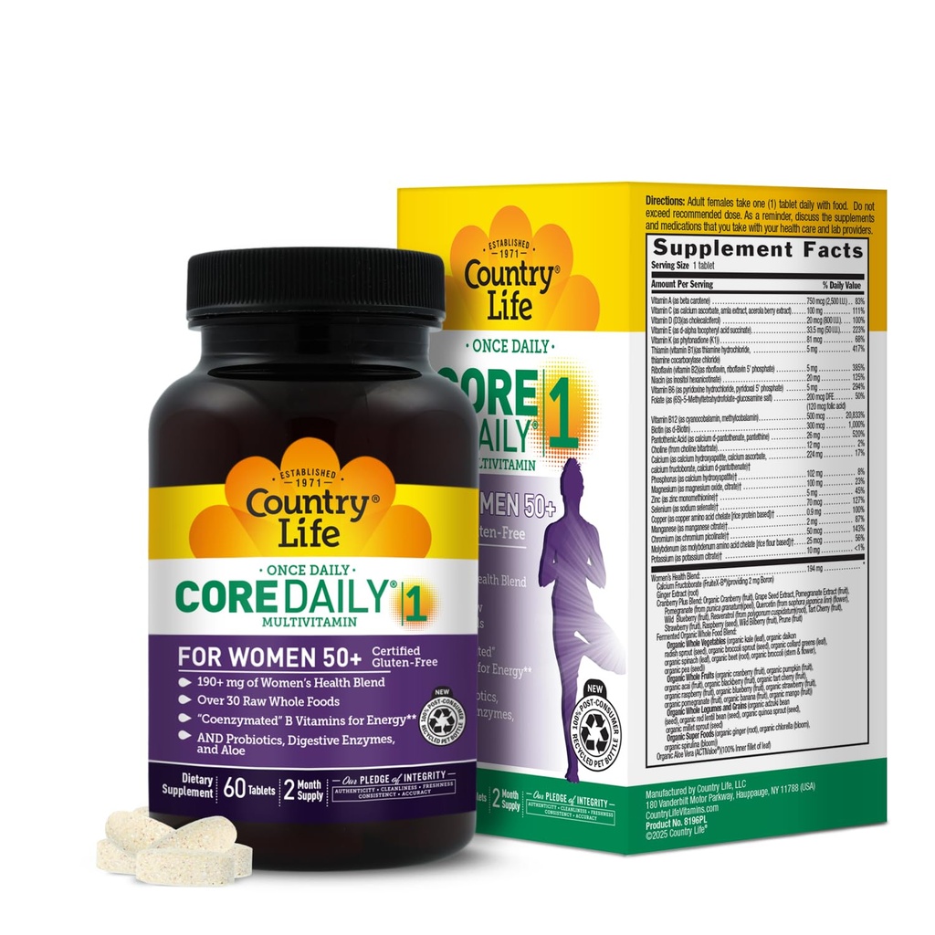 Country Life CORE Daily-1 pour les femmes 50+ Multivitamine - Formulé pour les femmes de plus de 50 ans, Nutrition quotidienne complète avec mélange santé des femmes, Coenzymes vitamines B, probiotiques et enzymes digestives