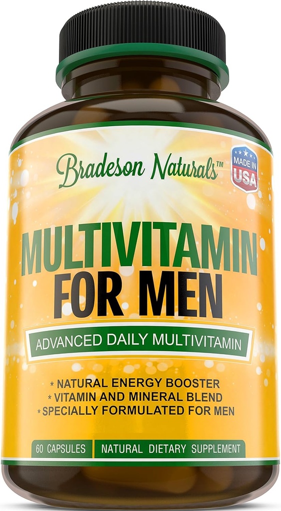 Multivitaminesupplement voor mannen voor energie, focus en prestaties. Herenvitaminen A, C, D, E & B12, Zink, Calcium, Magnesium & Meer. Multi Vitamine 60 Capsules Made in The USA