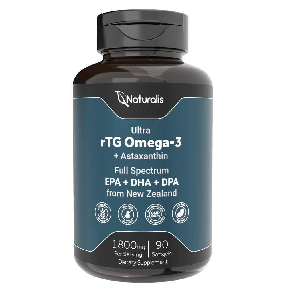 Naturalis Ultimate rTG Omega 3 Fish Oil 1800mg from Wild New Zealand Tuna - Full Spectrum Omega3s EPA, DHA & DPA - Sustainablely Sourced, Non-GMO, Gluten Free - 90 Softgels