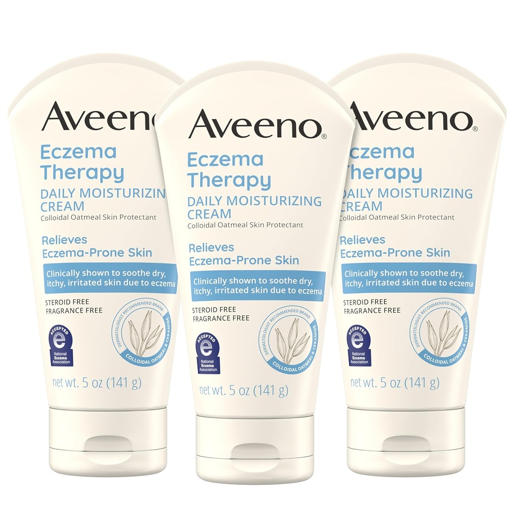 Aveeno Eczema Therapy Daily Moisturizing Body Cream for Sensitive Skin, Soothing Eczema Relief Cream, Colloïdale havermout & Ceramide for Dry & Itchy Skin, Steroid- & Fragrance-Free, 5 oz, Pack of 3