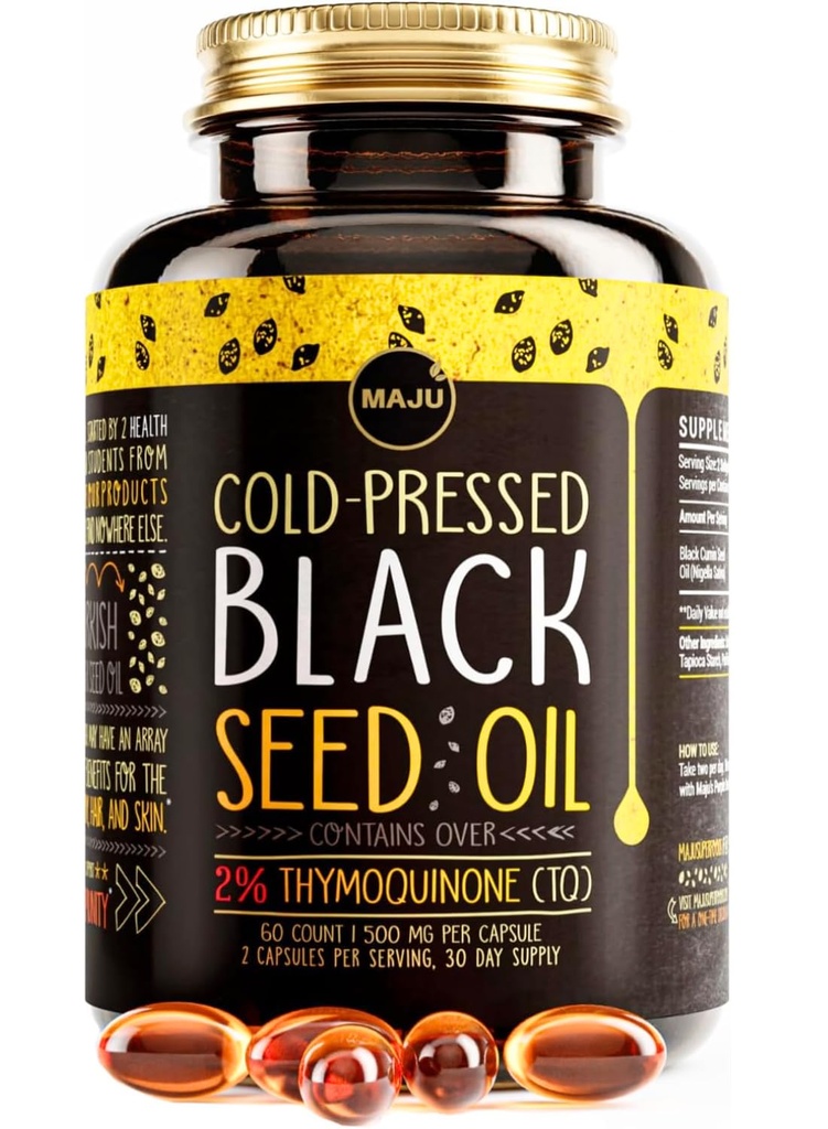 Maju Superfoods Black Seed Oil Capsules - Cold Pressed, 2% Thymochinon, 100% Turkish Black Cumin Nigella Sativa Seed Oil, Liquid Pure Blackseed 60 Tel, 500mg per capsule