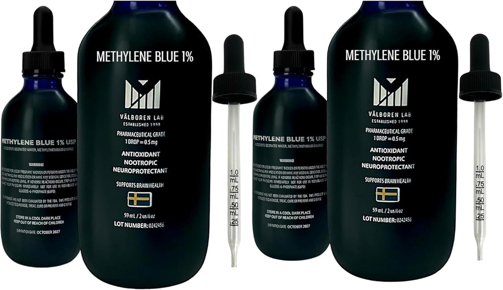 Methyleen Blue Pharmaceutical Grade Bundle - 2 oz & 4 oz flessen - USP Grade - Made in USA - Third-party Tested, Formaldehyde & Alcohol-Free - Brain Health Supplement - Methyleen 1% Drops for Humans