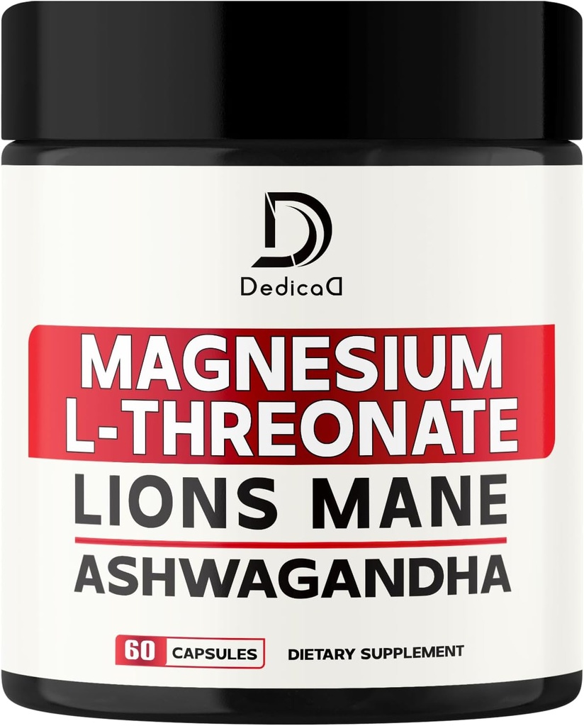 Magnesium L-Threonate Supplement met Lions Mane & Ashwagandha Root - 1000Mg per portie voor 60 Count Supply - Advanced Formula Support